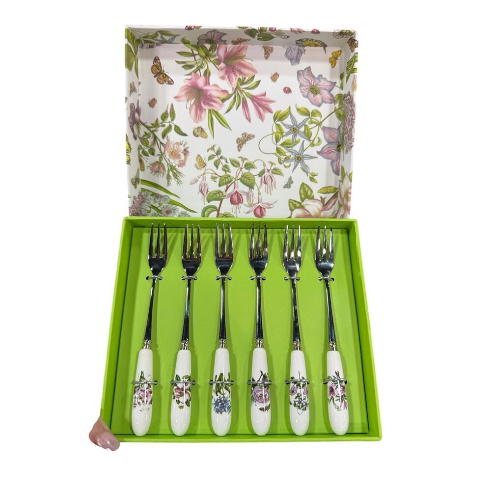 Portmeirion Botanic Garden Pastry Tea Fork Set of 6 Floral Boxed NIB